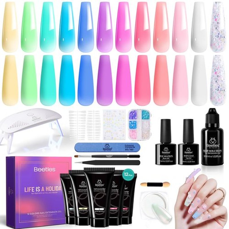 Beetles Poly Extension Gel Nail Kit Bubblegum Garden 23Pcs Chrome Powder Include, 12 Colors Poly Nail Gel Starter Kit All-In-1 Summer Nails Pink Green Blue Gel Polish for Nail Extension