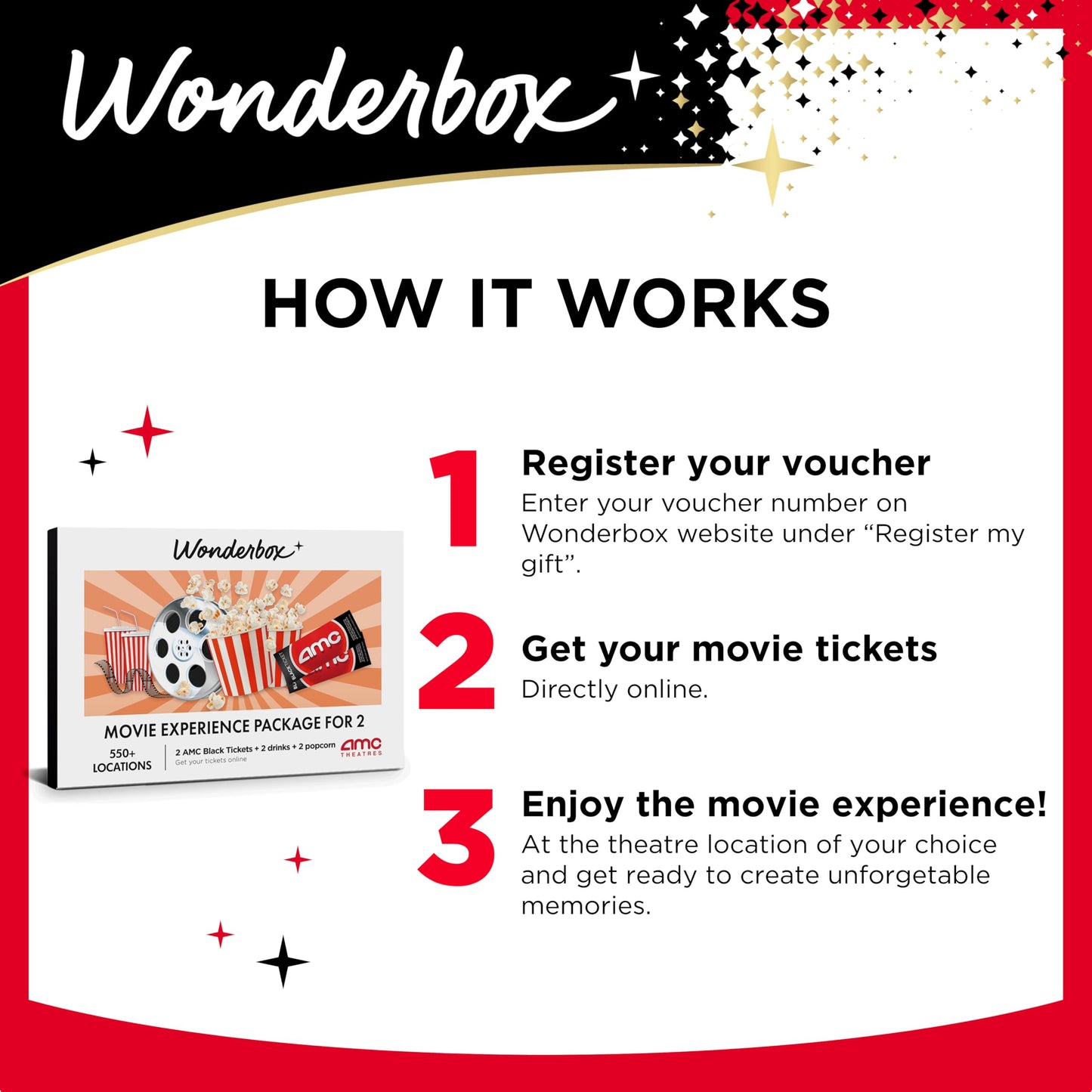 WONDERBOX AMC Movie Night Experience for 2, Gift Box with 2 Movie Tickets, Drinks & Popcorn, Valid at 550 Locations