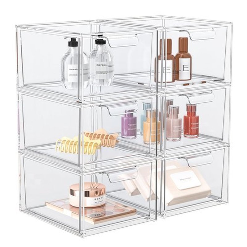 SpaceHacks 6 Pack Stackable Makeup Organizer and Storage, Acrylic Organizers，Clear Plastic Storage Drawer with Pull-Out Handles for Vanity, Undersink, Kitchen Cabinets, Pantry