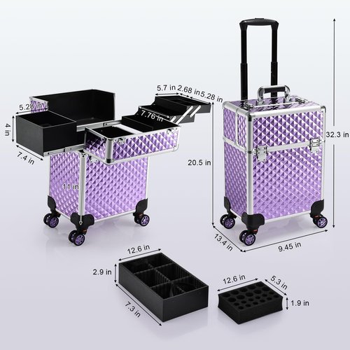 Stagiant Aluminum Rolling Makeup Train Case Large Organizer Cosmetic Trolley 4 Tray Sliding Rail Removable Middle Layer with Key Spinner Wheels Salon Barber Storage Case - Purple Diamond