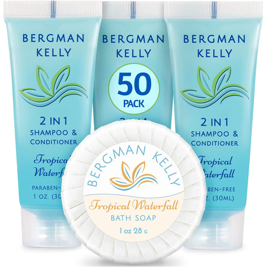 BERGMAN KELLY Round Soap Bars, 2in1 Shampoo & Conditioner 2-Piece Set (Tropical Waterfall, 1 oz each, 100 pc), Delight Your Guests with Revitalizing & Refreshing Hotel Amenities & Bulk Toiletries