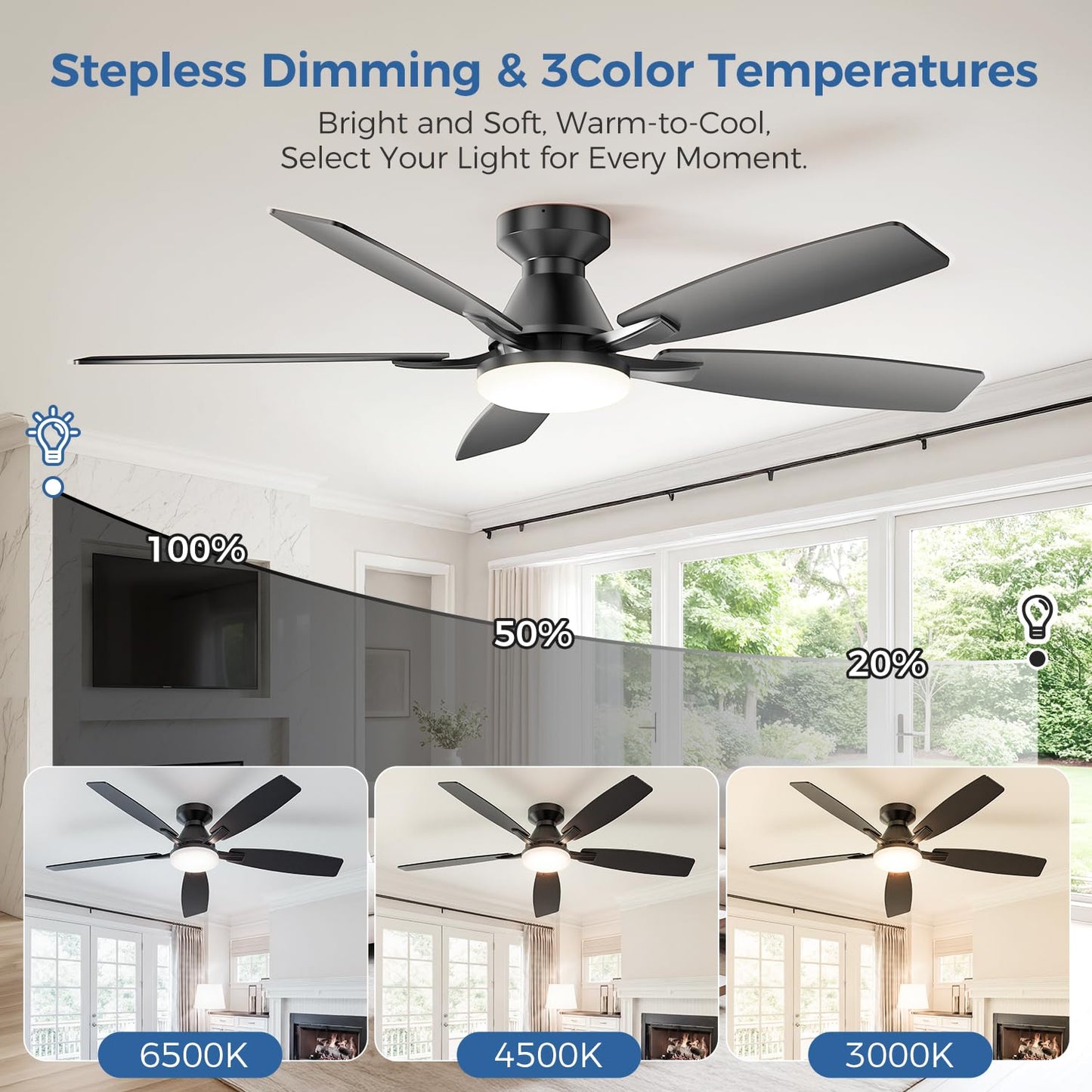 FancyMay 52 Inch Ceiling Fans with Lights,Quiet DC Motor, 6 Speeds, App and Remote Control, Dimmable, 3CCT LED Light, Low Profile Ceiling Fan for Living Room, Bedroom, Black