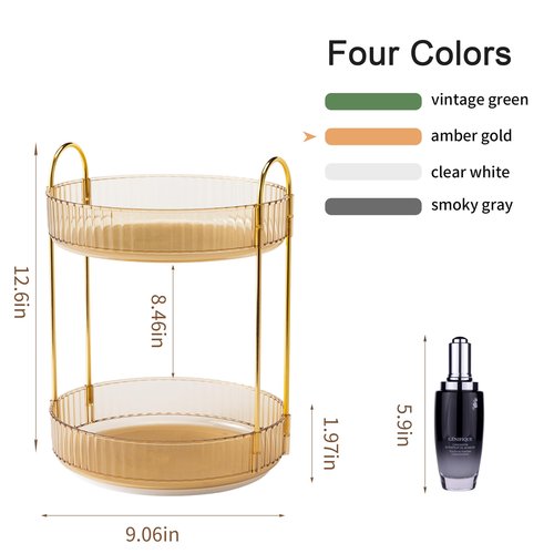 YCIA&DONE 360 Rotating Makeup Organizer and Storage for Vanity Countertop 2 Tiers, High Capacity Cosmetic Skincare Perfume Organizer for Dresser Bathroom Lazy Susan Organizer(Amber Gold)