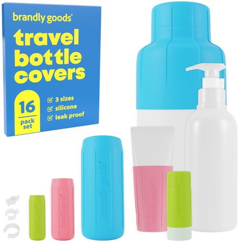Brandly Goods Multi-Size Silicone Bottle Covers for Travel – Leak-Proof Stretchable Sleeves & Safety Clip Locks, Silicone Covers for Travel Toiletries, Bottle Covers for Traveling Essentials