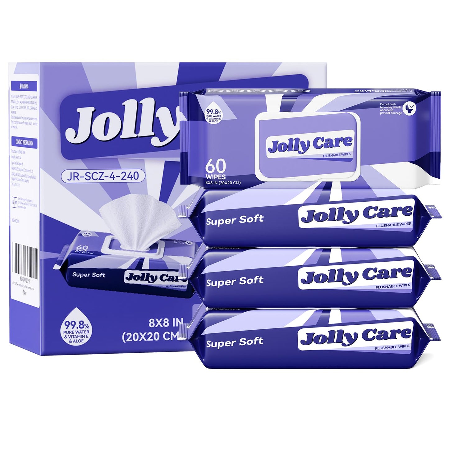 Jolly Care XL Flushable Wipes for Adults, Women and Men, Large Butt Wipes Flushable, Unscented, Smooth and pH-Balanced, Suitable for Sensitive Skin, 99% Water+Aloe+Vitamin E, 240 Count (4 Packs of 60)