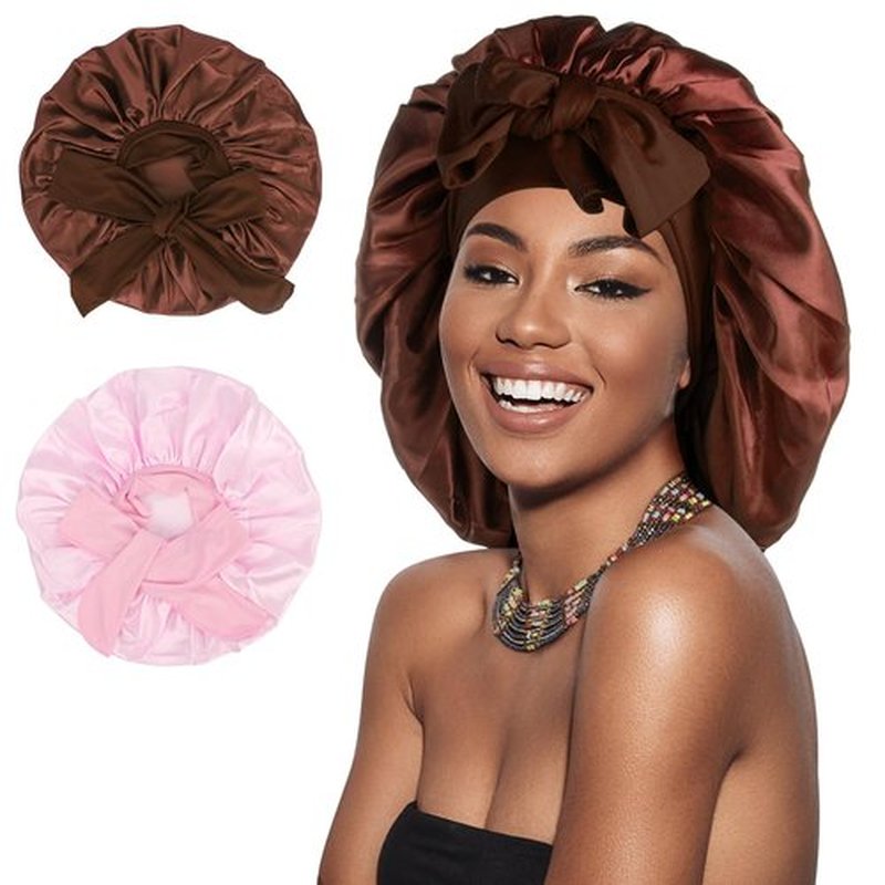 Arqumi Satin Silk Bonnet for Sleeping Women - 2 Pcs Large Long Strap Tie Band Adjustable Sleep Night Shower Cap Hair Bonnet Wrap for Men Reusable, Pink+ Brown