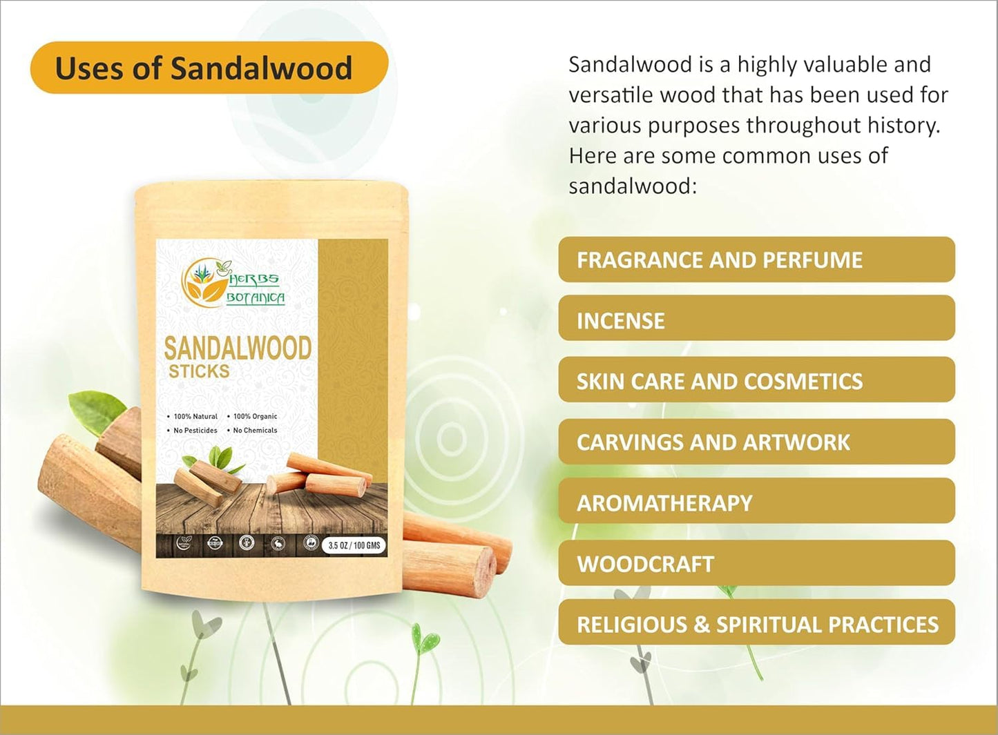 Herbs Botanica Sandalwood Sticks Natural Chandan Ki Lakdi Sacred Sandalwood Sticks: Aromatic Bliss Spiritual Serenity Incense Havan, Holy Sticks, Mediation Yoga Pooja Tikka 3-4 inch Sticks 3.5 oz