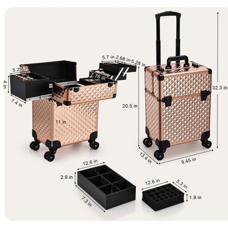 Beauty Rolling Makeup Train Case Cosmetic Trolley 4 Tray Sliding Rail Removable Middle Layer with Key Swivel Wheels Salon Barber Case Cosmetic Organizer Storage Large Travel Case - Rose Gold Diamond