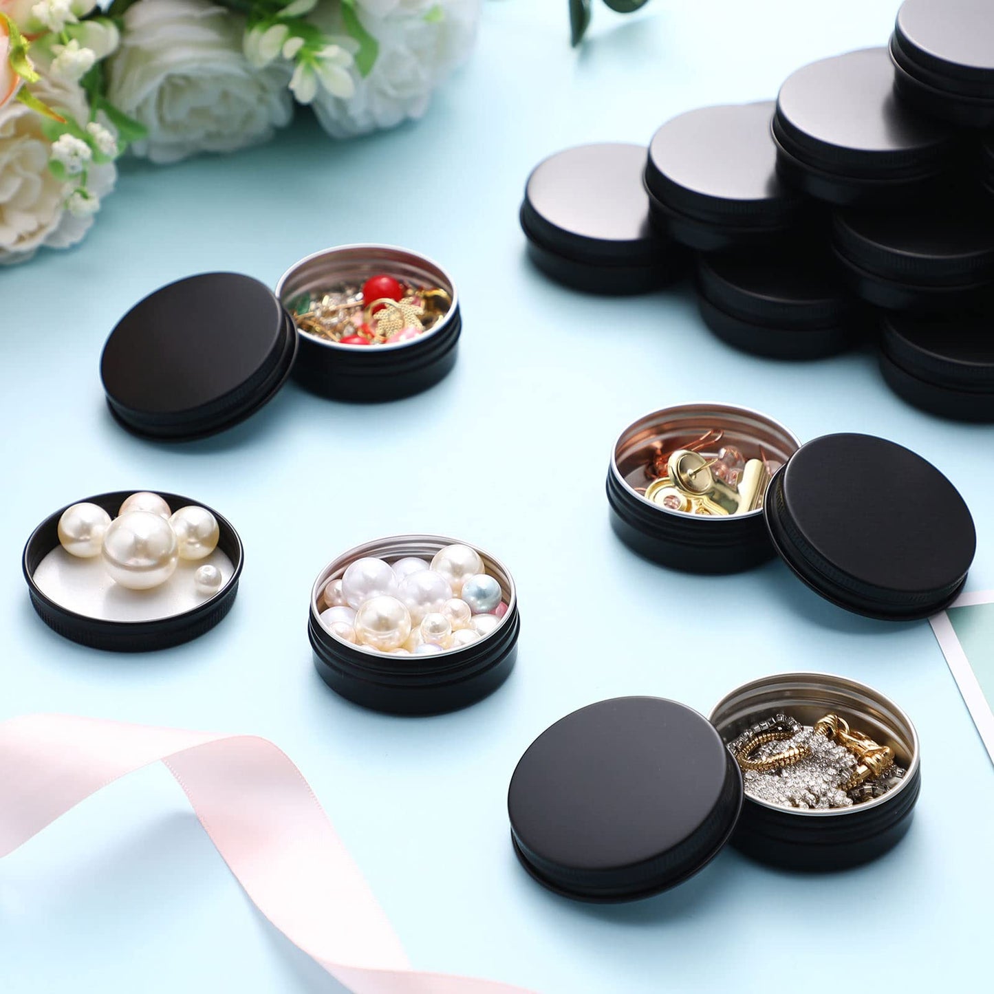 Patelai 64 Pieces Lip Balm Tin Containers Screw Top Round Tin Cans Aluminum Jar with Screw Lid, Empty Bottle Travel Cosmetic Sample Container for DIY(1 oz,Matte Black)
