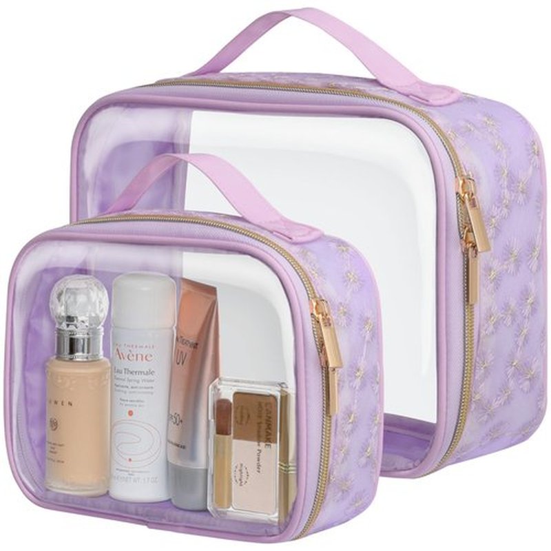 PACKISM Floral Texture Lace TSA Approved Toiletry Bag - 180° Opening Clear Makeup Bags in 2 Size, Clear Toiletry Bags with Handle, 0.5 mm Thick Non-deformable No Smell, Purple