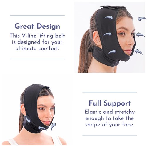 Post Surgery Facial Compression Neck Coverage Chin Strap, V-Shaped Face Slimmer, Jowl Tightening Chin Lifting Double Chin Reducer Band (S/M, Black)