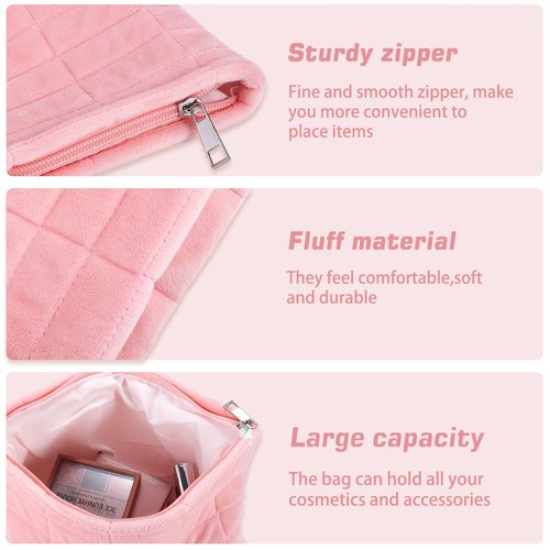ZLFSRQ 2Pcs Makeup Bag for Women Trendy Large Capacity Cosmetic Bag Plush Pink Checkered Makeup Pouch for Purse Coquette Zippered Bag Organizer Y2K Aesthetic Accessories Makeup Brush Storage Bag