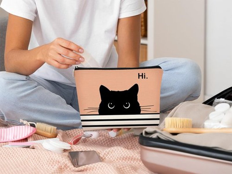 BARPERY Cat Makeup Bag, Cute Makeup Bag, Cat Gifts for Cat Lovers Women, Black Cat Gifts, Hi Black Cat Kitty Cosmetic Bag, Cat Makeup Pouch, Cat Stuff for Cat Lovers (Peach-1)