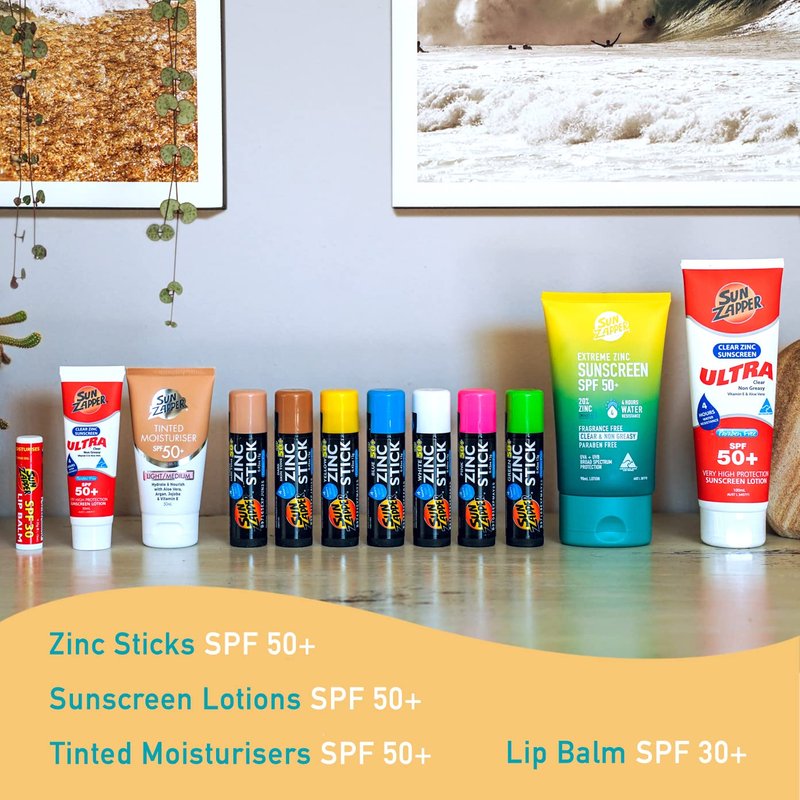 Sun Zapper Zinc Stick Mineral Sunscreen (Light Skin Tone, Pink, Blue, Green, Yellow) SPF 50+ Water Resistant for Face & Body, Adults, Kids, 8-Pack Broad Spectrum Sun Block, Made in Australia