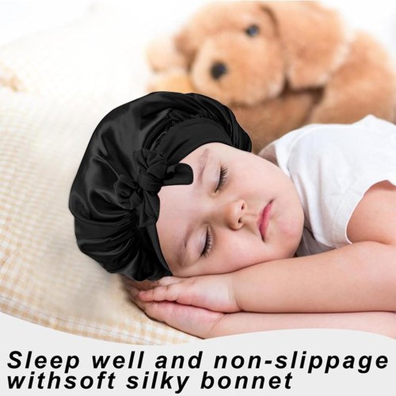 3 Pcs Kids Silk Bonnet for Sleeping - Baby Satin Bonnet for Sleeping,Kids Hair Bonnets for Curly Hair Girls Boys with Wide Elastic Band,Sleeping Cap for Teens Toddler Child (Pink+Black+Light Blue)