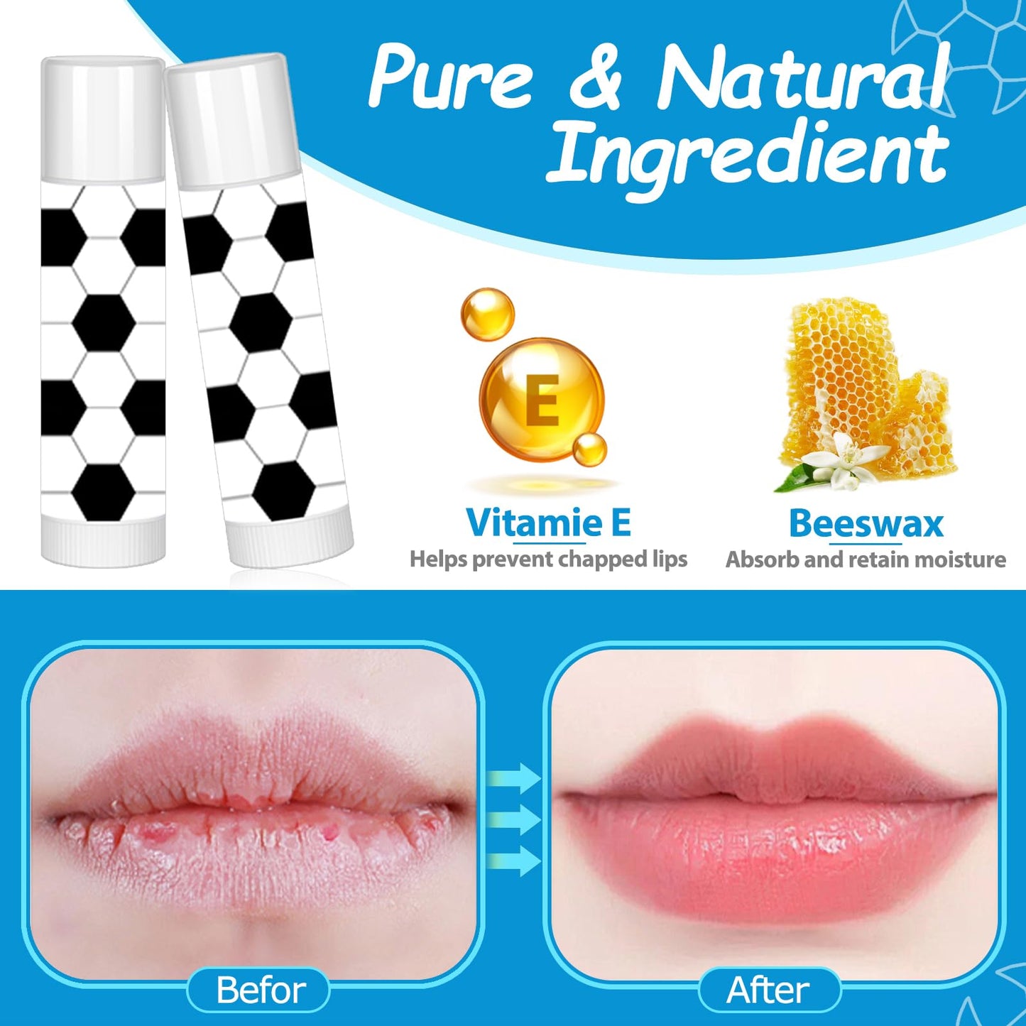 AKAIXI 24 Pack Soccer Lip Balm Moisturizing Beeswax Lipstick Vanilla Flavor
