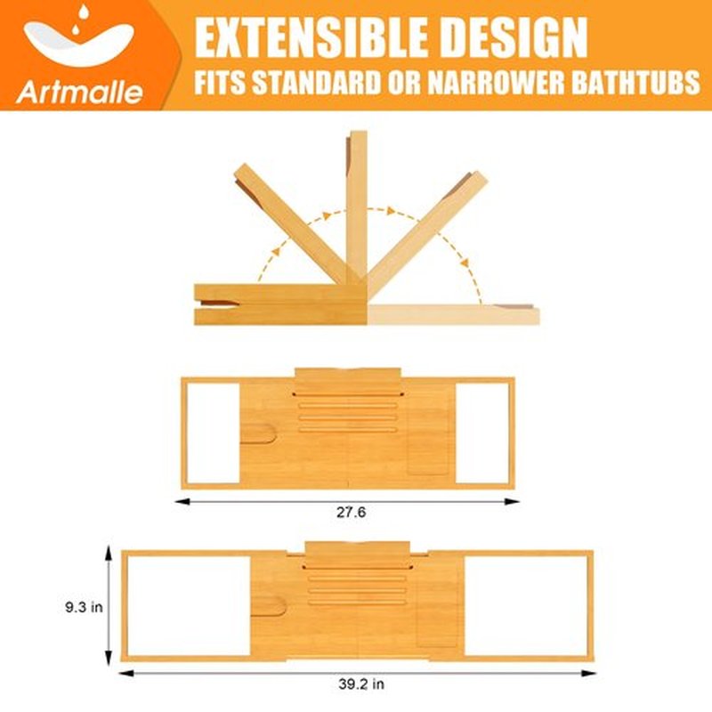 Artmalle Bathtub Caddy Tray for Tub, Expandable Bamboo Bath Table Tray with Book Stand for Home Spa Relaxing, Foldable Minimalist Bathroom Accessories for Women Men (Simple, Natural) (Natural)