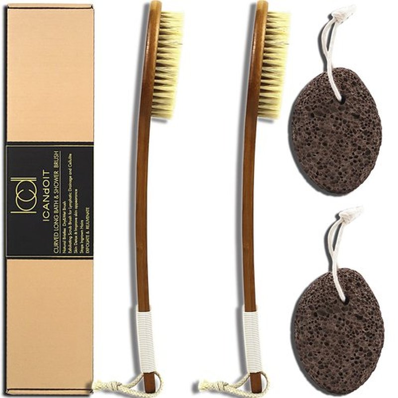 ICANdOIT-17.71Inch Natural Stiff Sisal Bristles Anti-Slip Long Handle Bath Brush,Bent Handle Shower Scrubber for Exfoliating,Shower Back Brush,Exfoliation Set with Pumice Stone(2 Pack)