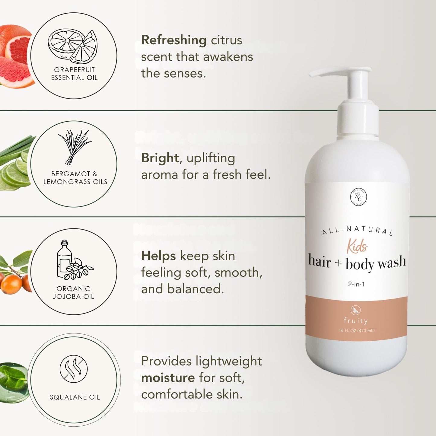 Rowe Casa Organics 2-in-1 Kids Hair & Body Wash with Therapeutic Essential Oils – Fruity Kids Shampoo & Body Wash with Sweet, Bright & Uplifting Scent – 16 Fl. Oz