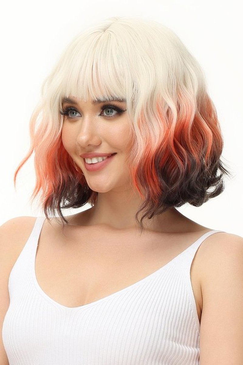 Rose bud Wavy Bob Wig with Bangs Natural Foxy Color Wig Synthetic Hair Shoulder Length Short Curly Wigs for Women