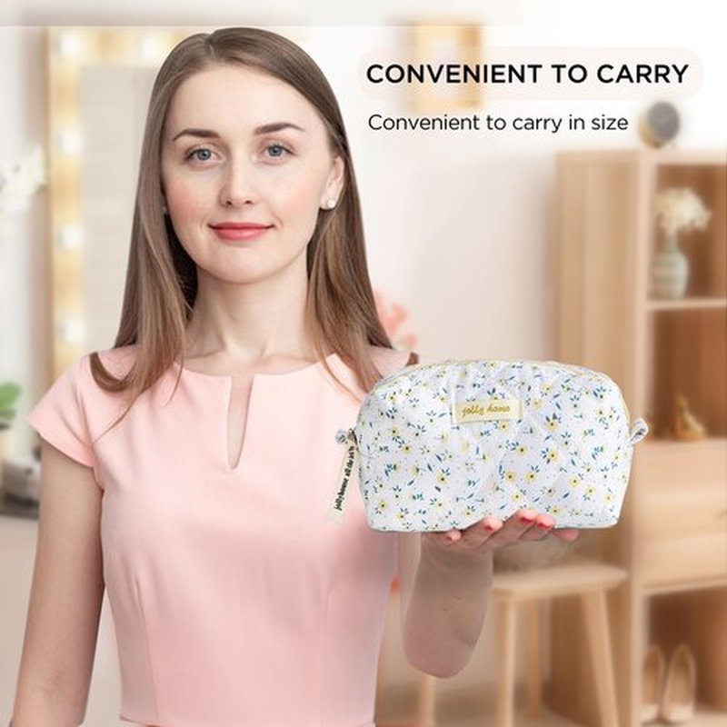 HBselect 2Pcs Quilted Makeup Bag Cute Makeup Bag Organizer Travel Cosmetic Bag Aesthetic Coquette Cotton Floral Make up Bag Toiletry Bags for Women Girls