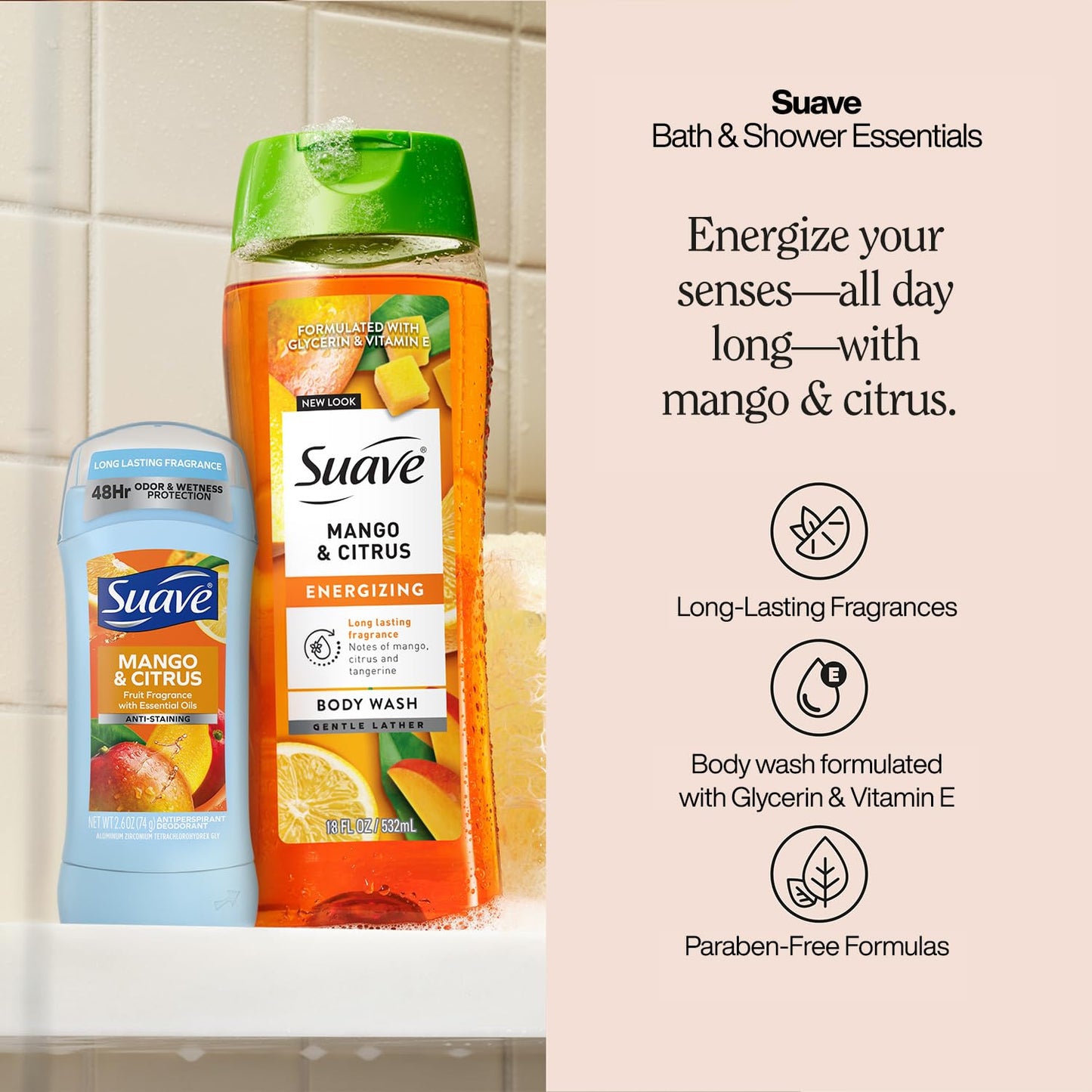 Suave Body Wash 2-Pack + Antiperspirant Deodorant, Mango & Citrus – Gentle Body Washes with Vitamin E & Anti-Staining Invisible Solid Deodorant Stick, 48H of Protection