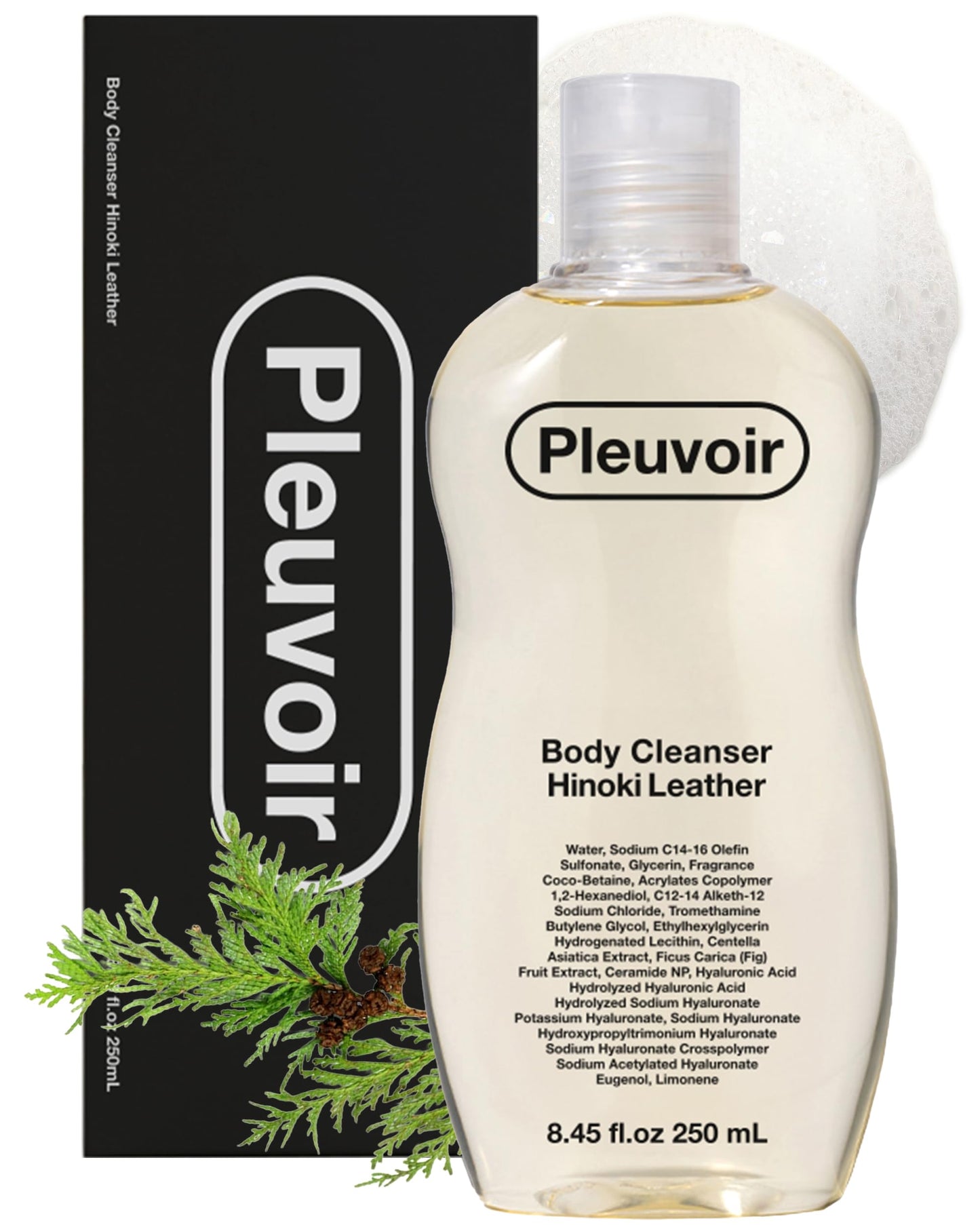 Pleuvoir Hinoki Leather Perfume Body Wash - French MANE × Japanese Cypress (Cedar & Musk), Unisex Woody Shower Gel, Rich Moisturizing Foam with 8 Types Hyaluronic Acid Ceramides, 8.45 fl.oz