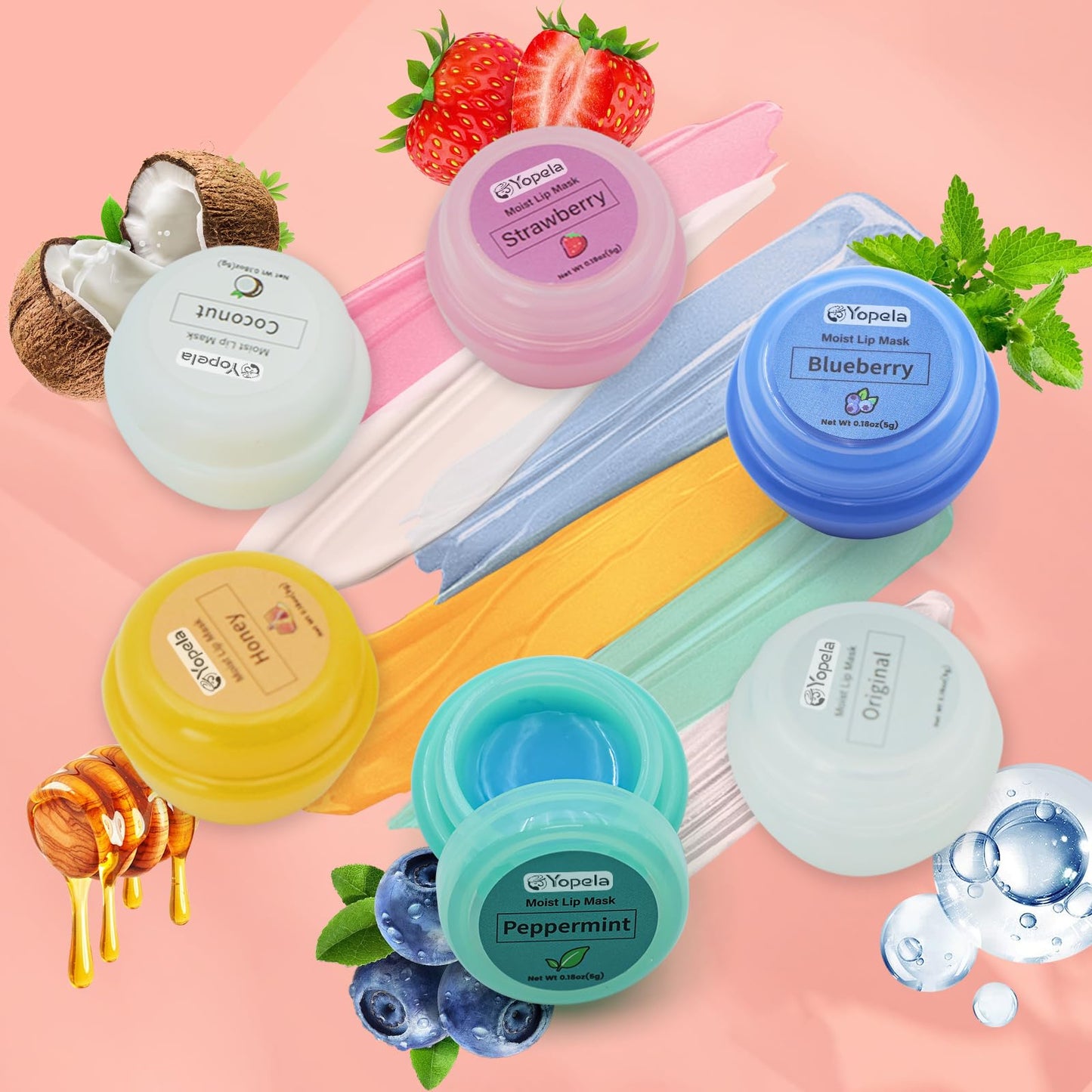6 Pack Cute Lip Mask Sleeping Overnight for Dry Lips with Coconut Oil and Beeswax -Smoothing Hydrating Softening Plumoing Moisturizing with Small Lip Brush 6 Flavors Valentine's Gift for Women 0.18 Oz