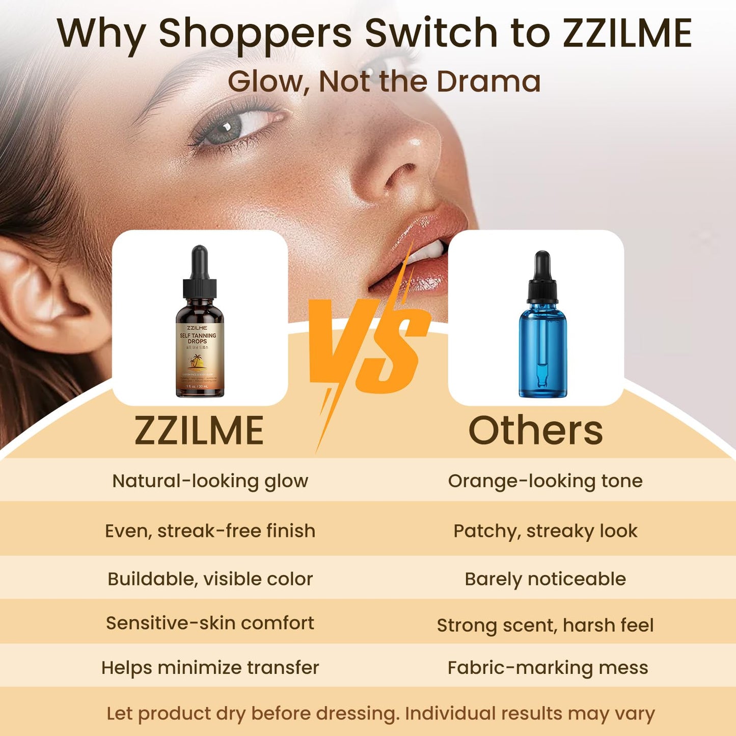 ZZILME Sunless Self Tanning Drops for Face & Body, Customizable Gradual Glow with Niacinamide, Vitamin C & Hyaluronic Acid, Bronzing Serum Drops, 0.91 fl oz