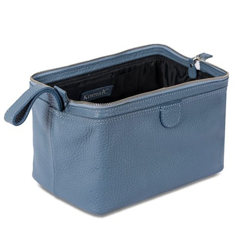 KomalC Large Premium Leather toiletry bag for Men and Women, travel utility Dopp kit wash bag (Blue)