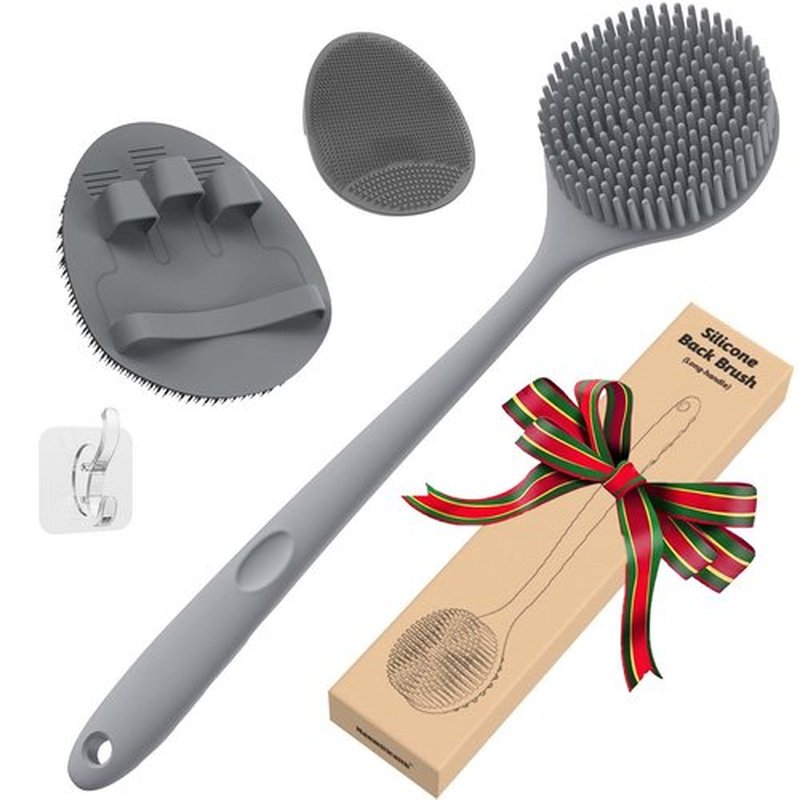 Manmihealth Silicone Back Scrubber (Thick Bristles) & Bath Glove & Face Brush Set(3PCS), Super-Exfoliating & Lathering Body Scrubber, Shower Brush, Face Scrubber Combination, with a Free Hook.(Gray)