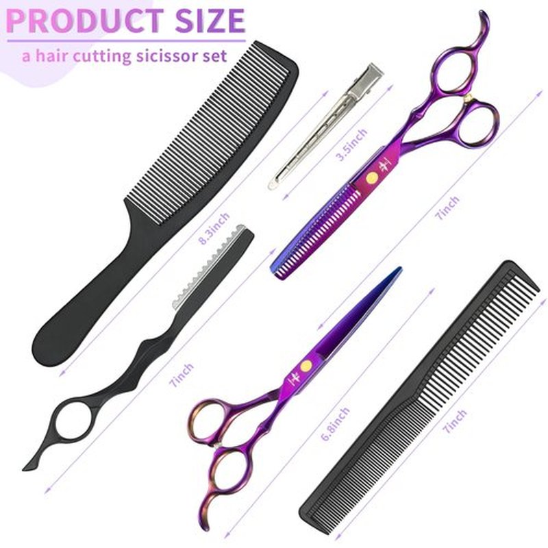 PURPLEBIRD Hair Cutting Scissors Kit, Professional Barber Scissors Hairdressing Shears Set with Stainless Steel Hair Scissors Thinning Scissors for Men Women Pet 10 Pcs Purple