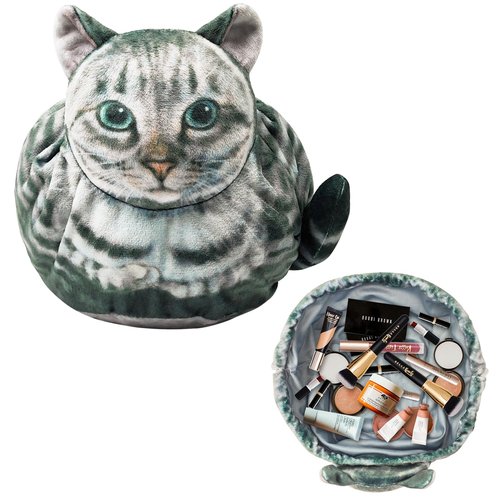 Cat Shaped Drawstring Makeup Bag for Women - Grey Tabby Cat Design Cosmetic Case