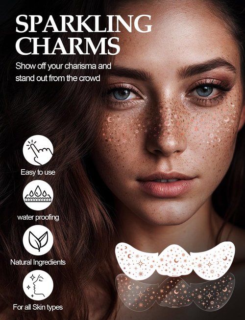 Glitter Freckles face Tattoo 8 Count Rose Gold Makeup Patches, Waterproof Faux Freckles for Women Temporary Face Freckles Must-Have for Music Party Makeup