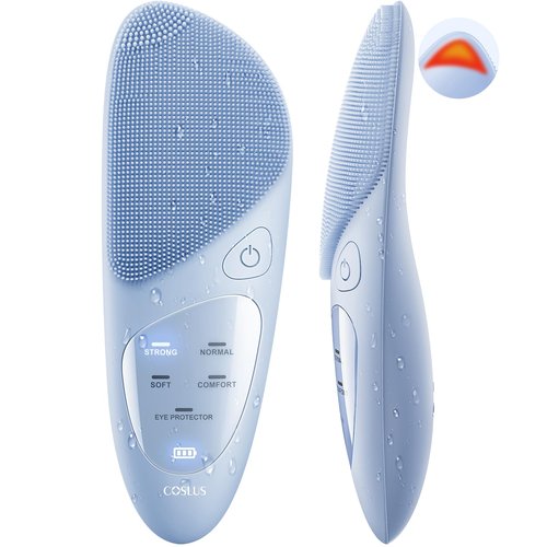 Facial Cleansing Brush Silicone Face Scrubber: COSLUS IPX7 Waterproof Rechargeable Wash Brush, 4 Modes with Eye Protection, Electric Sonic Cleanser for Cleaning, Exfoliating, Massaging, Blue