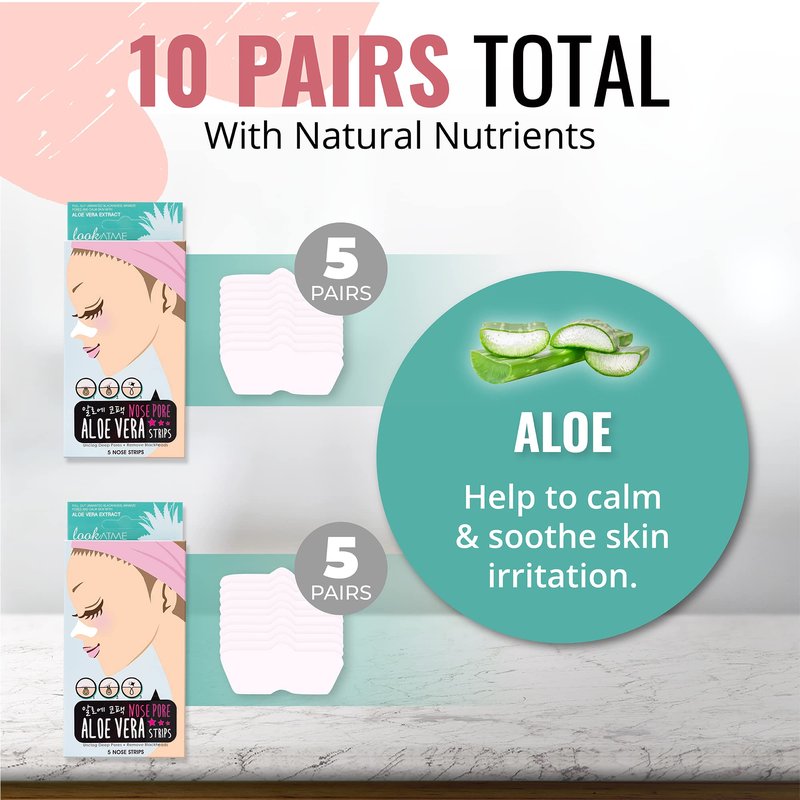 LOOKATME Nose Pore Strips (2-Pack, 10 Nose Strips). Korean Skin Care Blackhead Remover with Aloe Vera. K Beauty Pore Cleaner and Pore Extractor. Acne Mask for Blackhead Removal. Adhesive Pore Mask.