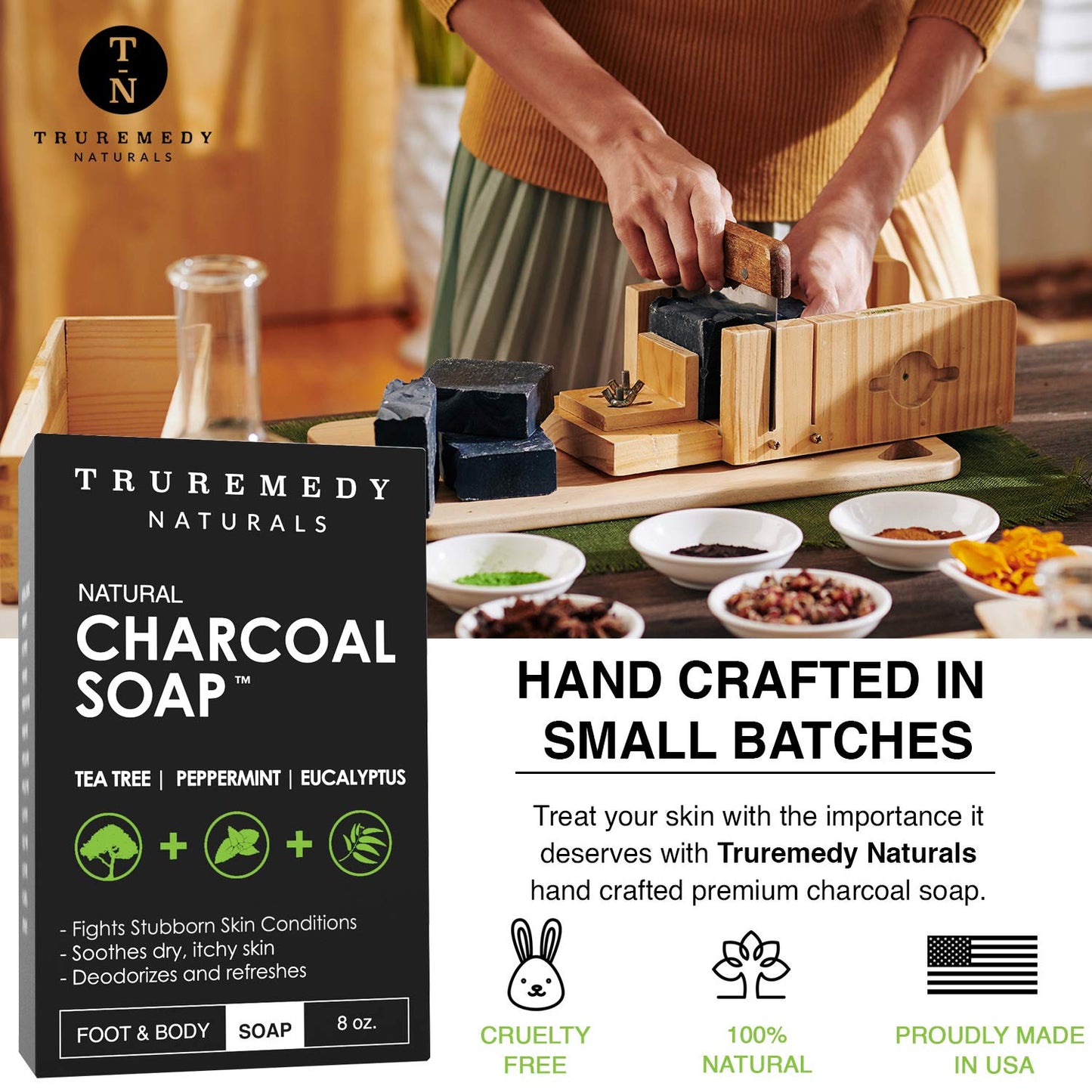 Truremedy Naturals Natural Activated Charcoal Soap Bar (2-Pack) - Hand, Foot & Body Soap - Tea Tree, Peppermint & Charcoal Soap - Vegan, Cruelty Free - Made In USA - 8 Oz