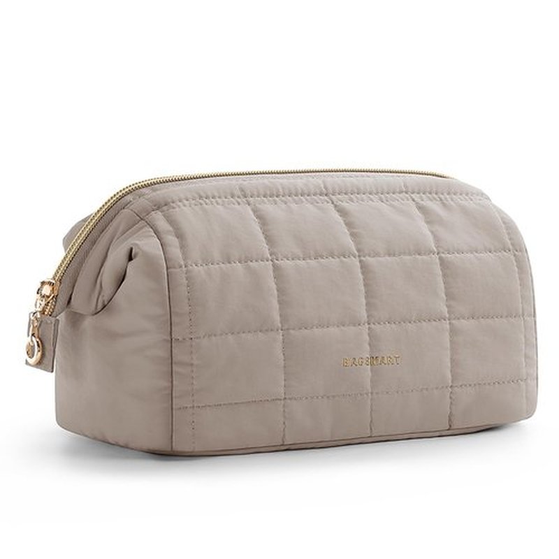 BAGSMART Makeup Bag Travel Toiletry Bag, Puffy Padded Make Up Bags for Women Makeup Organizer Case, Wide-open Pouch Purse Travel Essentials Toiletries Accessories Brushes, Camel