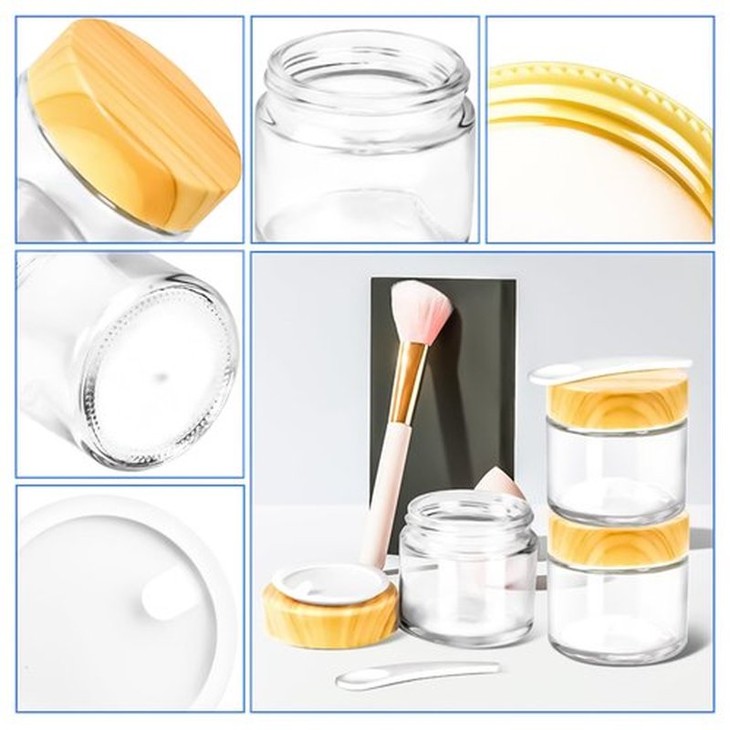 MotBach 4 Pack 2oz Glass Jars with Lids 60ml Mini Round Clear Glass Jars with Inner Liners and Spatulas, Travel Size Containers Jars for Toiletries Creams Cosmetic Makeup Sample Lotion (Woodgrain Lid)