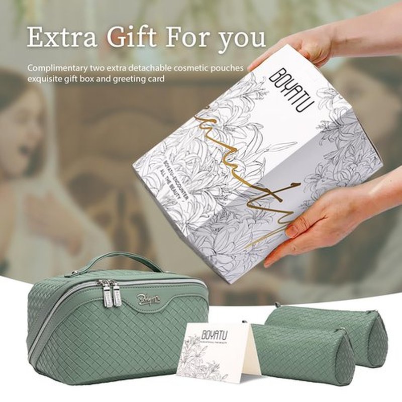 BOYATU Makeup Bag Travel Cosmetic Case: Large Capacity Woven Cosmetic Bag Organizer - Portable Toiletry Bags with Handle for Women 1-Z-Grass Green