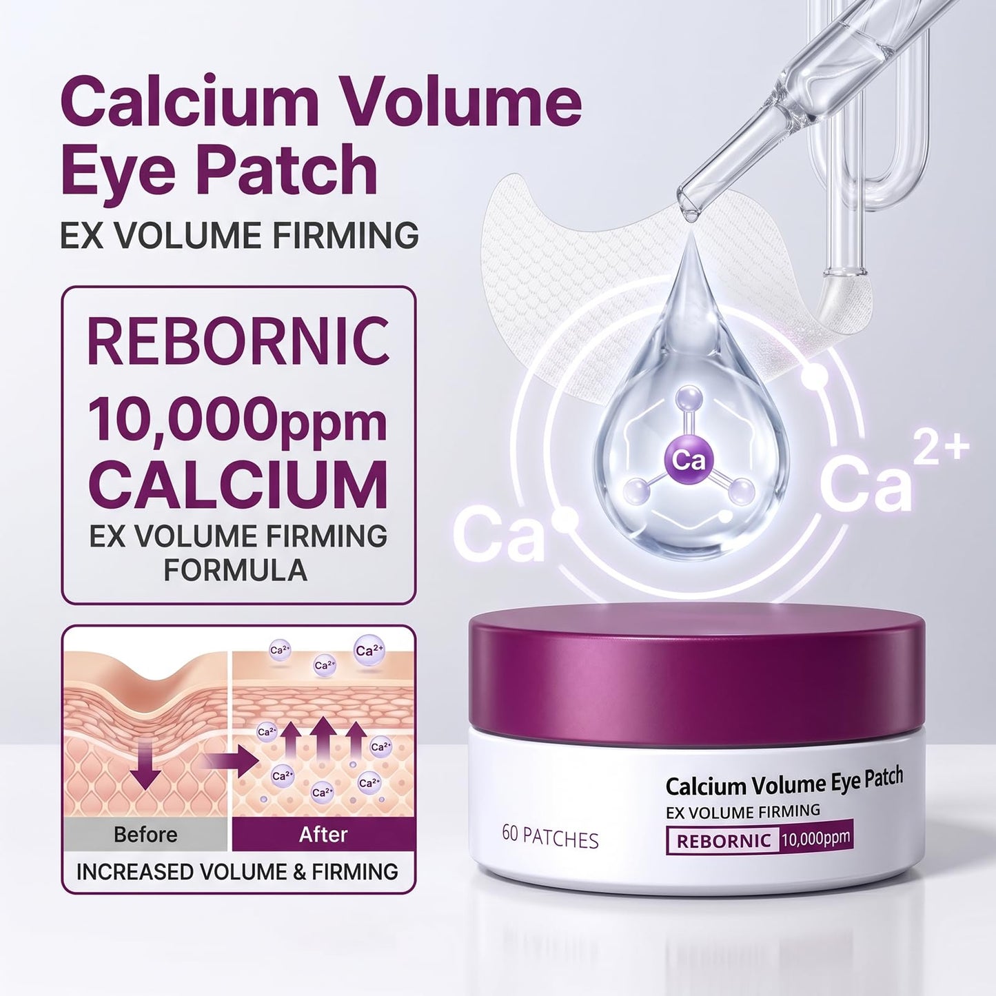 Calcium Volume Eye Patch with Rebornic 10,000ppm & Hydrolyzed Elastin – 60 Patches for Puffiness Relief, Fine Lines, Firming & Lifting, Hydrating Eye Patches for Face and Neck Care