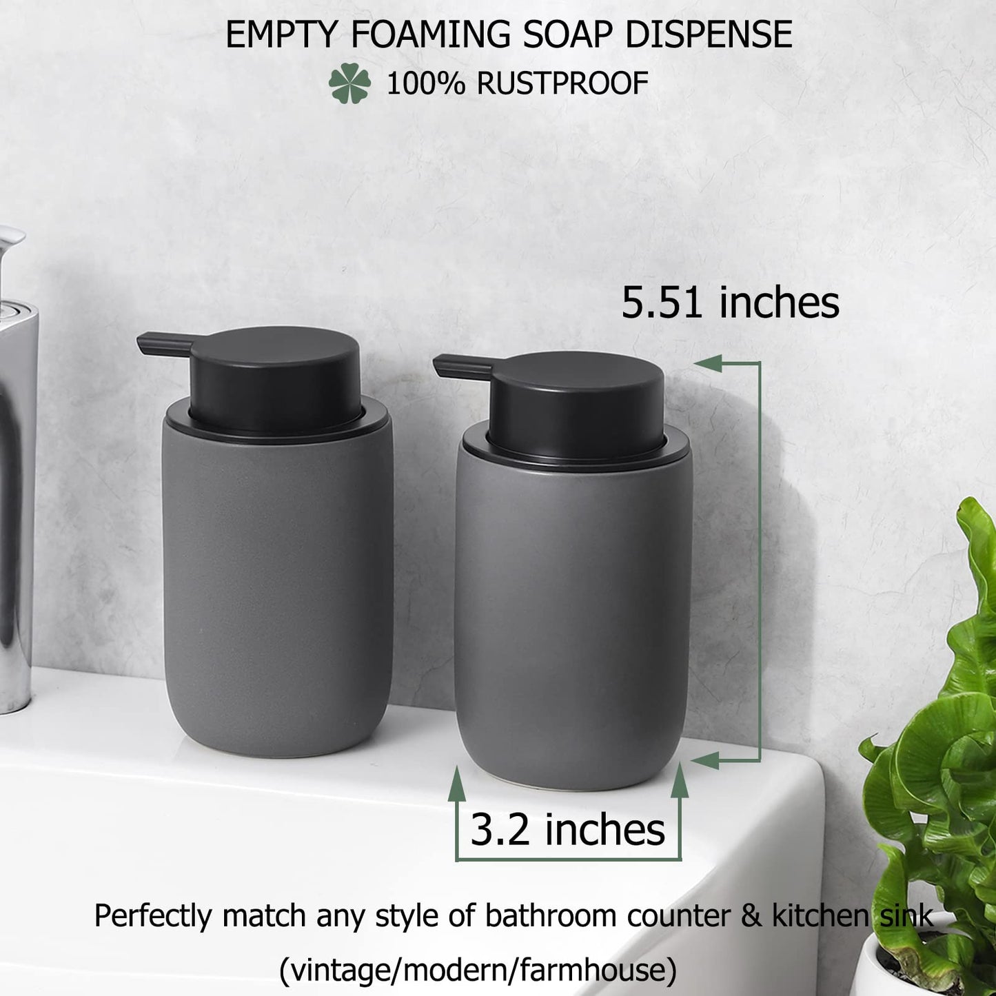 rejomiik Foaming Soap Dispenser Thick Ceramic Foam Hand Soap Dispenser for Bathroom or Kitchen Sink, Liquid Pump Bottles for Hand soap, Body Wash, Grey