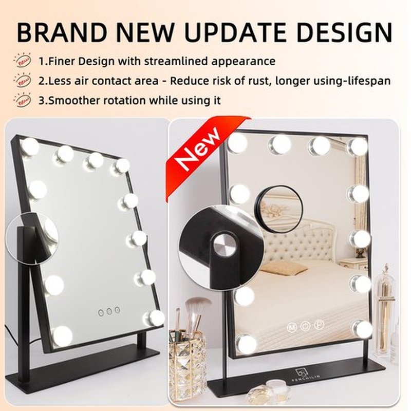 FENCHILIN Lighted Makeup Mirror Hollywood Mirror Vanity Makeup Mirror with Light Smart Touch Control 3Colors Dimable Light Detachable 10X Magnification 360°Rotation(Black)