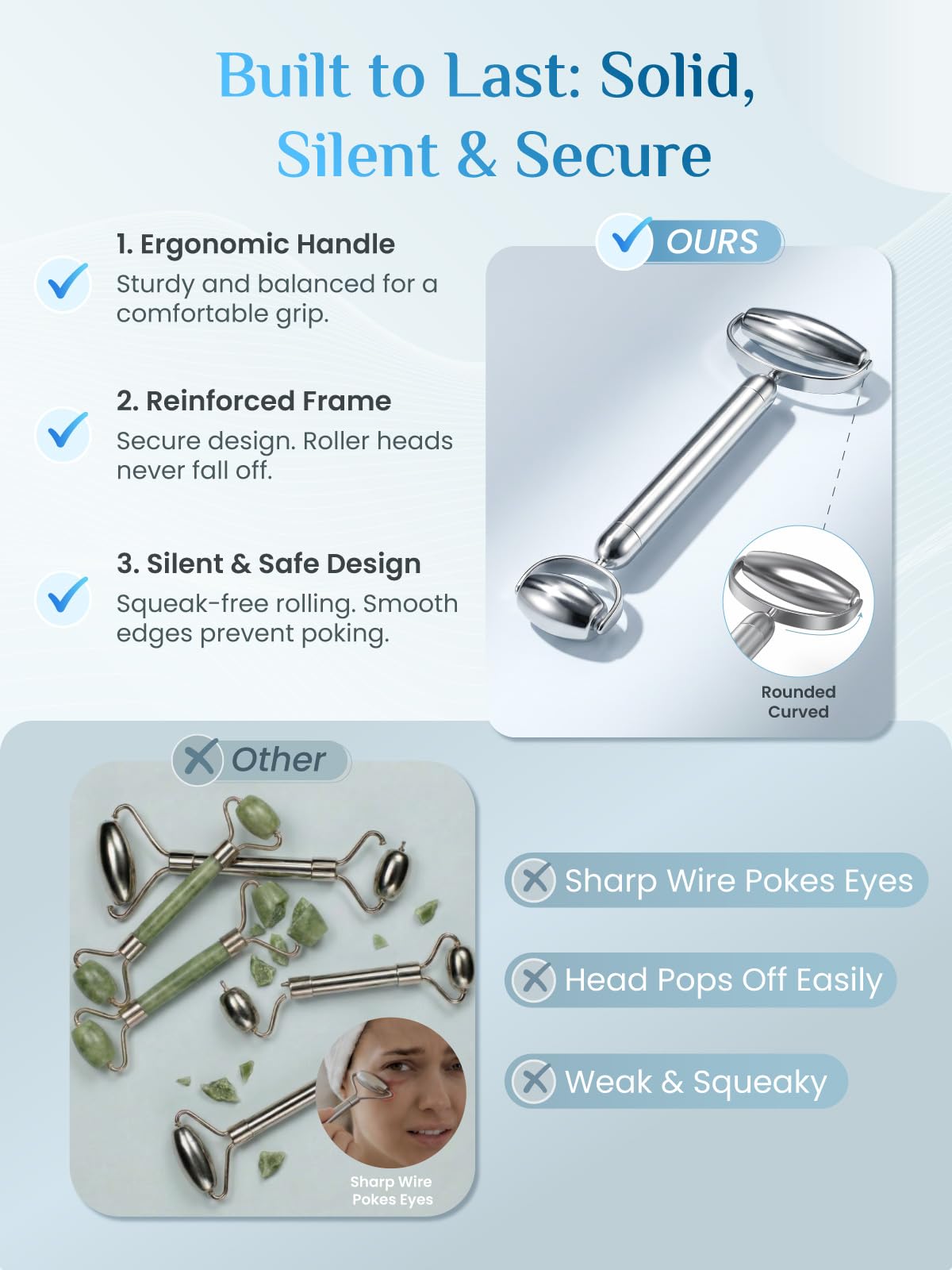 Rena Chris Gua Sha and Face Roller Set: Anti-Breakage Stainless Steel Roller for Long-Lasting Use, Jawline Sculpting and Puffiness Reducing, Gua Sha Facial Tools for Self Care Gift (Silver)