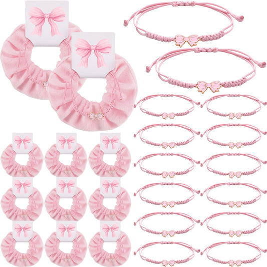 Hoteam 24 Sets Coquette Party Gifts Bulk Adjustable Coquette Pink Bow Braid String Bracelets Blue Hair Scrunchies with Bow Cards Cheerleader Birthday Party Favor for Cheer Dance Team Friends Gift