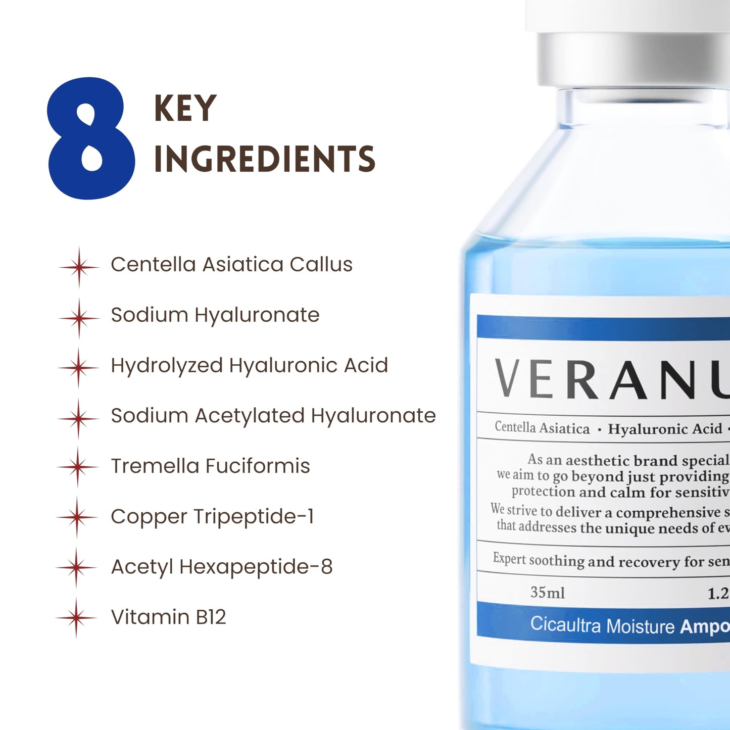 Veranum Cicaultra Moisture Ampoule – Korean Peptide & Hyaluronic Acid Face Serum for Sensitive Skin – Deep Hydration, Barrier Repair & Glass Glow Firmness – 1.2 fl oz (35 mL)