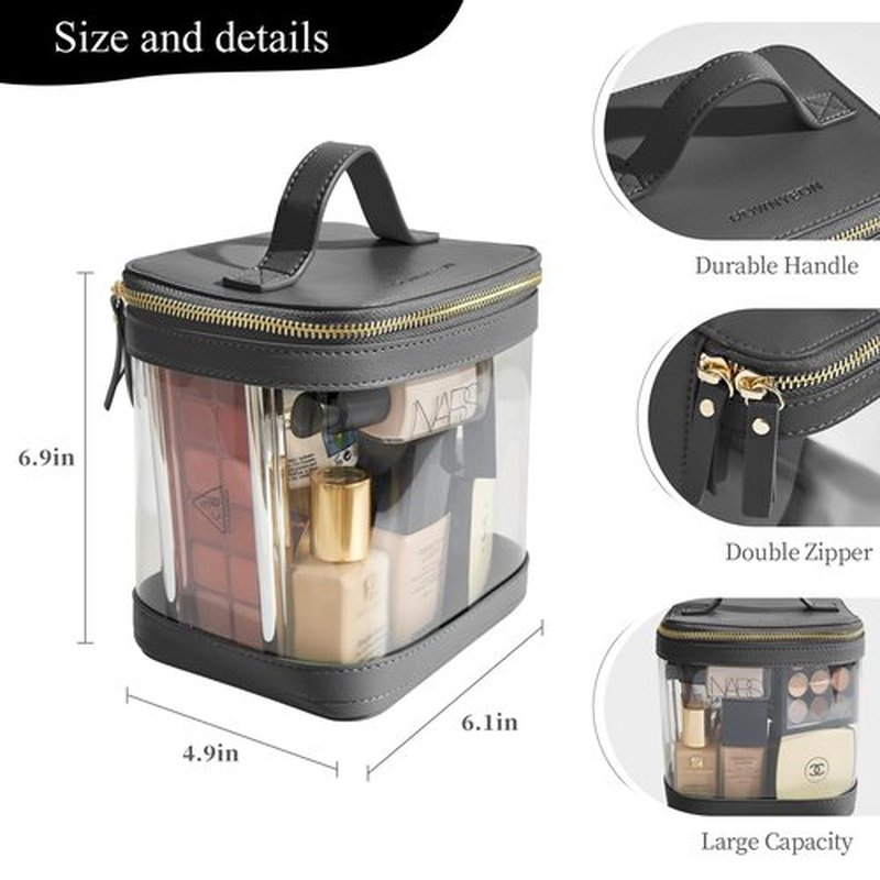 ROWNYEON Clear Makeup Bag, Travel Toiletry Bag Transparent Cosmetic Case with Zipper, Portable Make Up Organizer Clear Car Bag for Essentials with Handle (Black)
