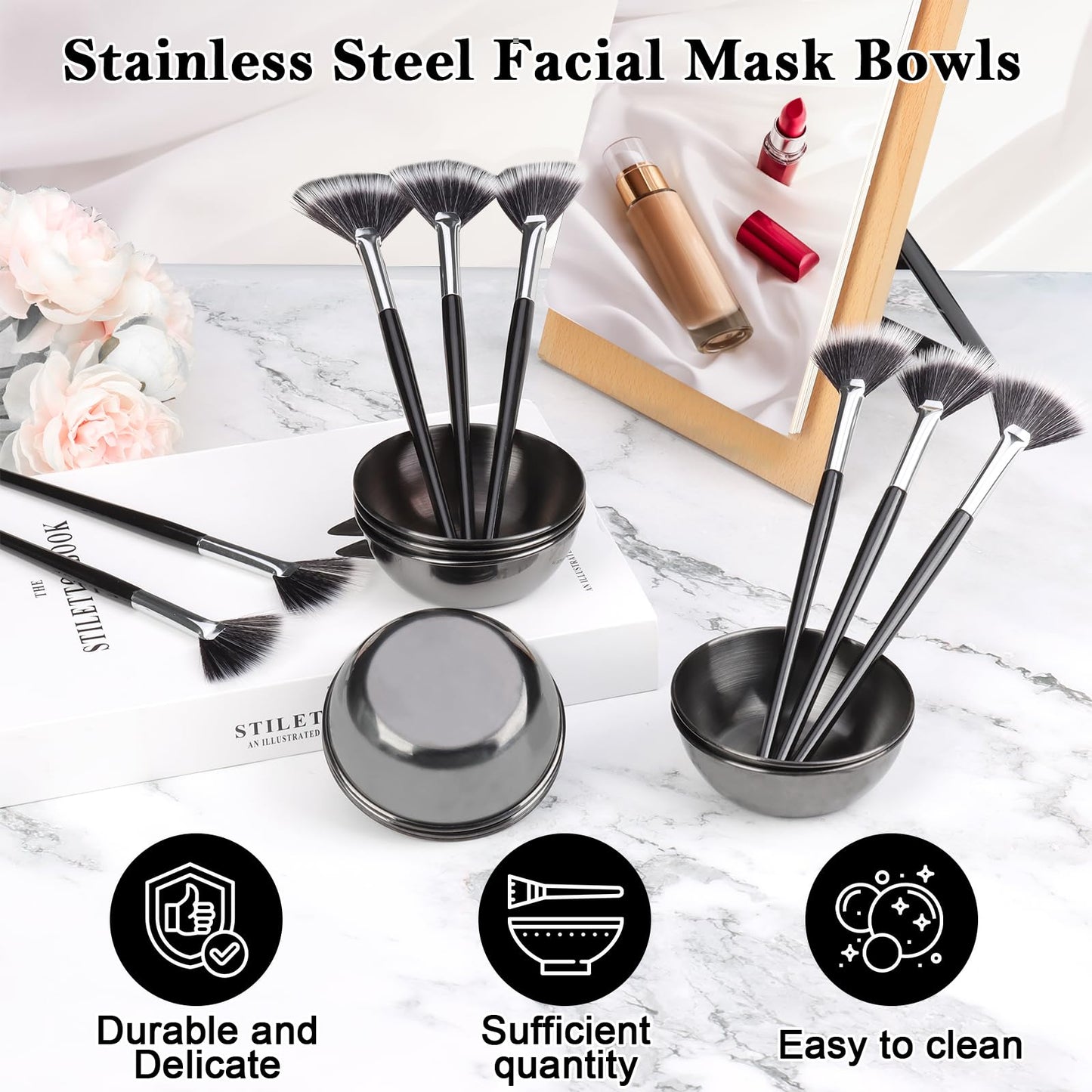 16 Pcs Gold Facial Bowl and Brush Set 8 Facial Fan Brushes Esthetician 8 Gold Facial Mixing Bowls Esthetician Stainless Steel Mixing Bowls Face Mask Brush for Mud Cream Spa Salon Women