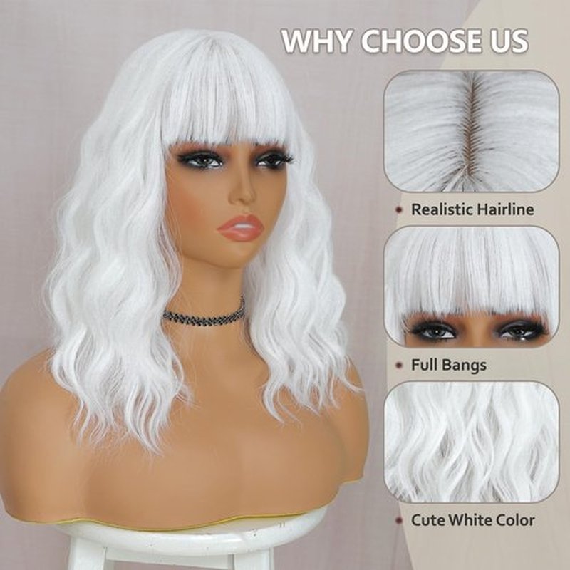 BEAUTIFA White Wig with Bangs for Women 14 Inch Shoulder Length White Wigs Short Bob Wavy Curly Wig Heat Resistant Synthetic Colorful Wig