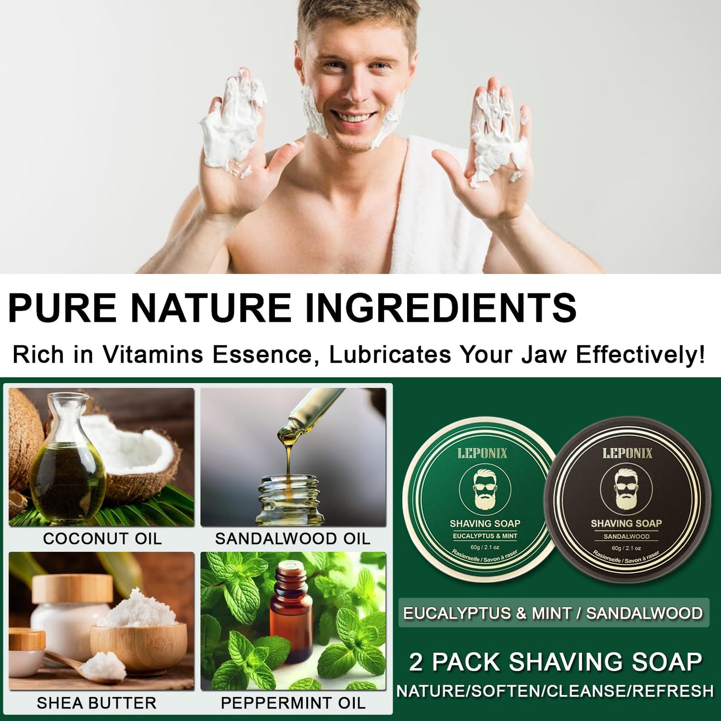 Shaving Kit for Men, Including Eucalyptus & Mint Pre-Shave Oil, After Shave Balm, 2 Packs Shaving Soap, Shaving Brush and Bowl, Beard Bib, Unique Gift for Men Stocking Stuffers